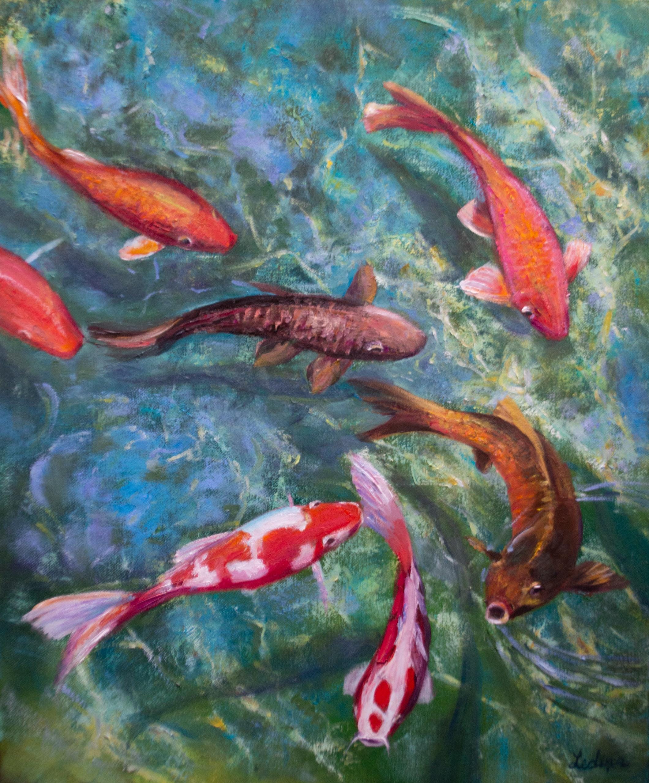 Koi Fish Pond Painting Original Oil Canvas Colorful Carp Clear Water ...