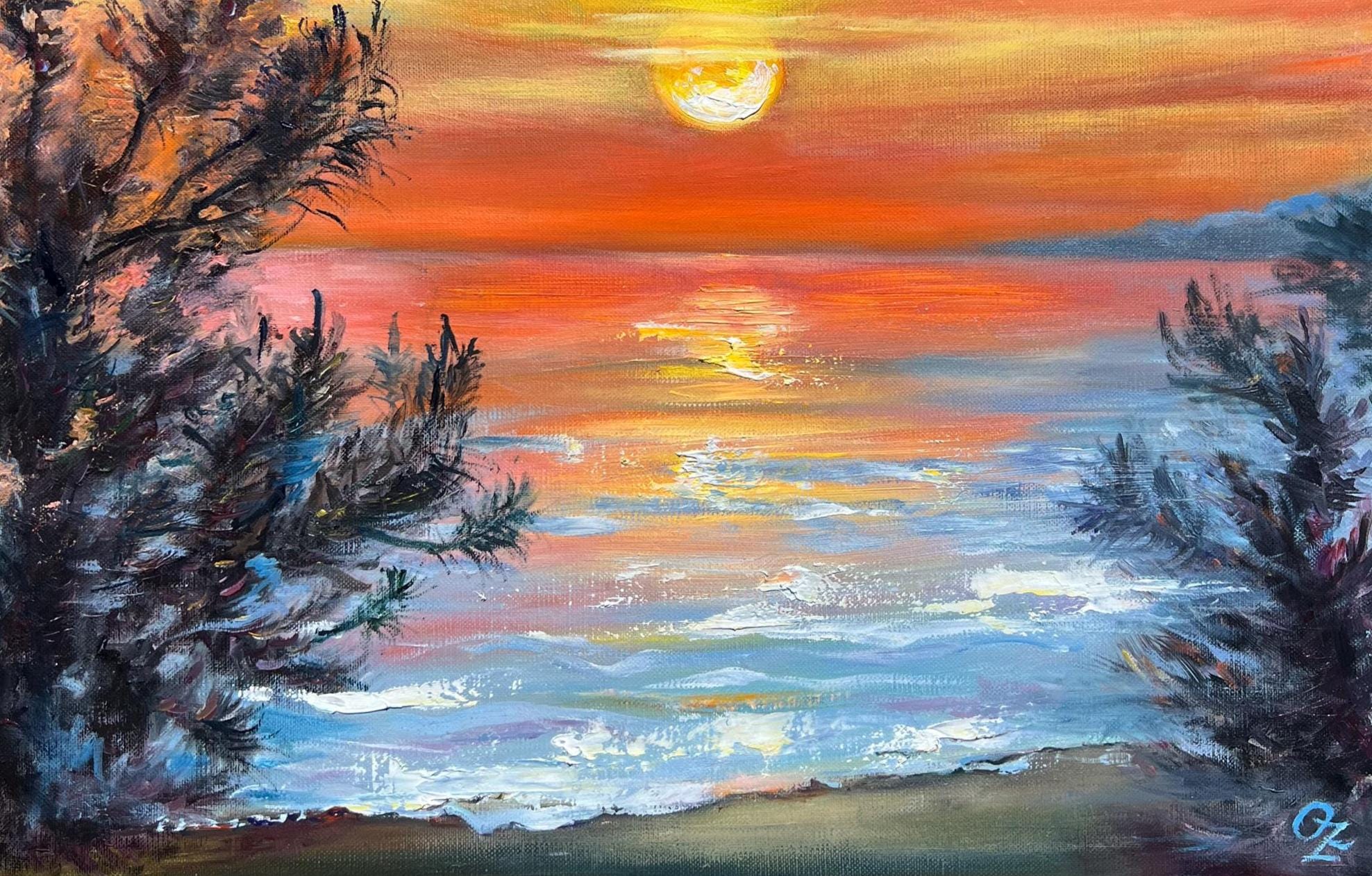 Orange Sunrise Oil Painting: Seascape Impressionist Art, 19.68