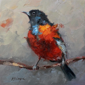 Pintura original a óleo sobre papelão, pássaro Baltimore Oriole, Texture Art, de Daiga Dimza, arte de parede, belo presente para ela, arte em miniatura