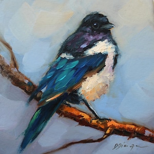 Pássaro pega pintura original a óleo sobre papelão Texture Art por Daiga Dimza Arte de parede belo presente para ela Arte em miniatura