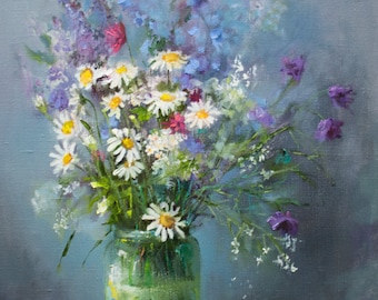 Fleurs sauvages peinture à l'huile toile daisy floral dans un vase coloré décoration murale de bon goût par Gita Dinbire art impressionniste cadeau fait main