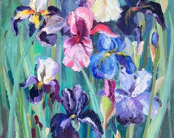 Iris Flowers oil painting Original ART Impressionist textured Floral meadow gift Blooming Purple Blue Flowers by Elina Birzkalne
