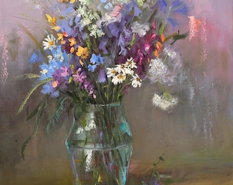 Original Oil Painting Wildflower Bouquet, Floral Still Life in Glass Vase, Impressionist Flower Art, Gita Dinbire