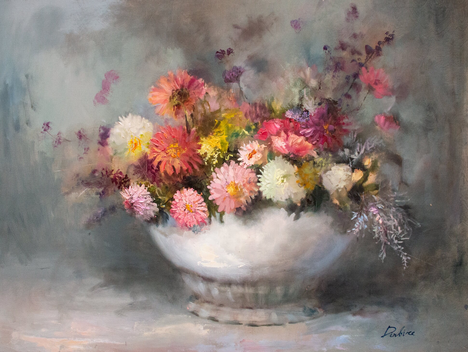 大型　油彩画 花瓶の花 　インテリア 大きな油絵 オリジナルフラワー アスター 花瓶 静物画 ブーケ 壁