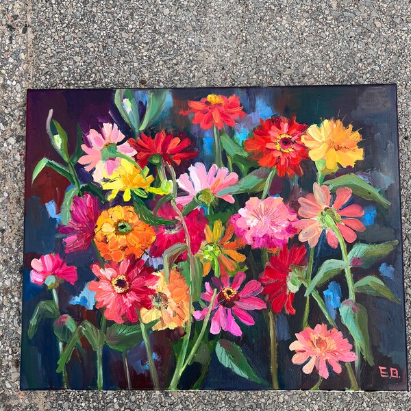 Zinnias flowers original oil painting colorful floral bright pink orange garden art gift on canvas impressionist artwork by Elina Birzkalne