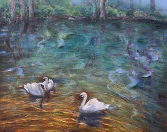 Original Oil Painting Swans Lake Landscape, Impressionist Linen Art (60x50 cm) by Inga Ledina