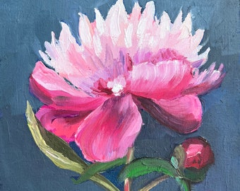 Pink Peony oil painting original flower bright hot pink on dark grey background Impressionist art Wedding gift for he wife by E.Birzkalne