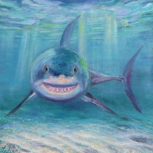 Shark Original Painting Oil Canvas nautical underwater world fish art texture wall decor elegant gift for nursery handmade by Inga Ledina