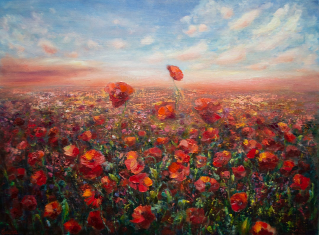 Poppy Field Painting Original Canvas Oil Meadow Landscape Red Orange ...