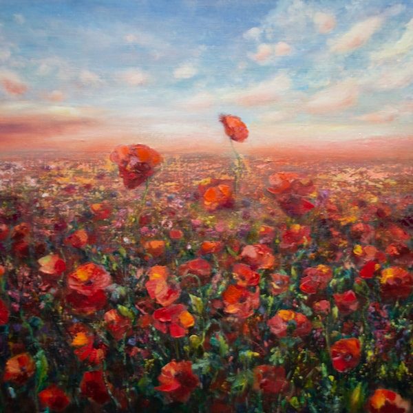 Champ de coquelicots peinture toile originale prairie paysage rouge orange grande texture lumineuse décoration murale art impressionniste par Inga Ledina cadeau