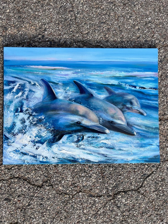 Blue Dolphin Family Seascape Original Oil Painting on Canvas Blue