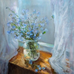 Vase de fleurs sauvages, peinture originale à l'huile de fleurs bleu clair, bouquet de nature morte myosotis par Gita Dinbire, cadeau d'art impressionniste image 1