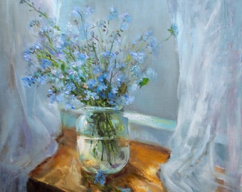 Vase de fleurs sauvages, peinture originale à l'huile de fleurs bleu clair, bouquet de nature morte myosotis par Gita Dinbire, cadeau d'art impressionniste