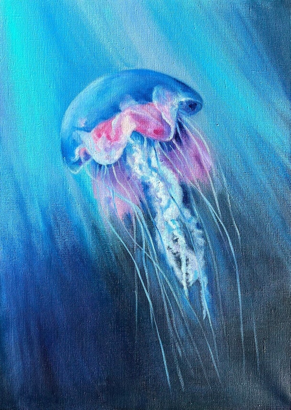 クラゲの絵画、キャンバスに描かれたオリジナルの油絵、オルガ