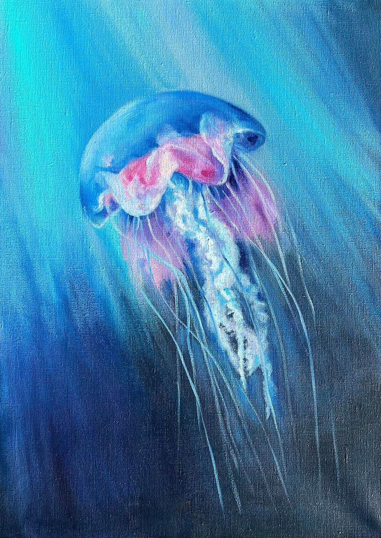 クラゲの絵画 オリジナル油絵 海洋生物の絵画 ブルーキャンバス 深海