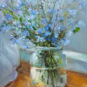 Vase de fleurs sauvages, peinture originale à l'huile de fleurs bleu clair, bouquet de nature morte myosotis par Gita Dinbire, cadeau d'art impressionniste image 5