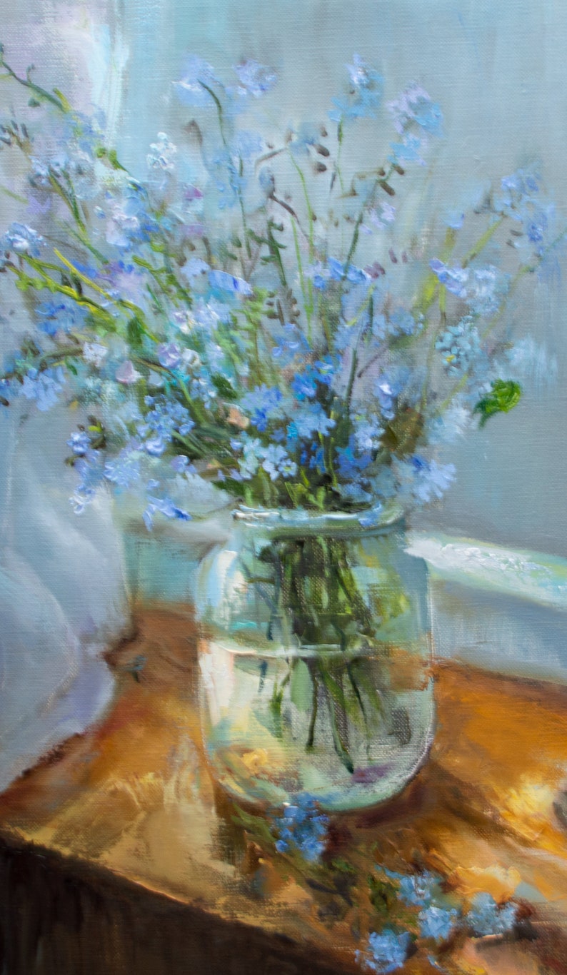 Vase de fleurs sauvages, peinture originale à l'huile de fleurs bleu clair, bouquet de nature morte myosotis par Gita Dinbire, cadeau d'art impressionniste image 5