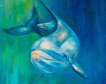 Dolphin painting original oil canvas on cardboard nautical ocean animal bright wall decor gifts for kids nursery by Inga Ledina mini artwork