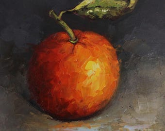 Puede incluir: Pintura al óleo de una fruta naranja vibrante con un tallo y una hoja verdes. La fruta está representada en tonos de naranja y amarillo, con pinceladas visibles. El fondo es gris oscuro y apagado.