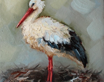 Stork Oil Painting by Daiga Dimza, Small Bird Art on cardboard, Textured Palette Knife Original Rustic Wall Decor, Miniature Artwork