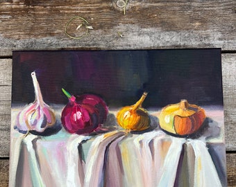 Peinture à l'huile originale de cuisine, légume, oignon et ail, décoration murale colorée lumineuse, art culinaire, art impressionniste, beau cadeau d'Elina Birzkalne