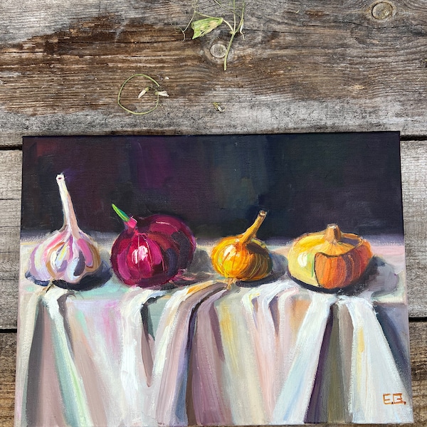 Kitchen original oil painting vegetable onion and garlic bright colorful wall décor food art Impressionist art fine gift  by Elina Birzkalne