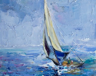 Impasto Sailing Boat Painting, Original Oil Nautical Decor, 23.62x31.5 inch by Ieva Neikena