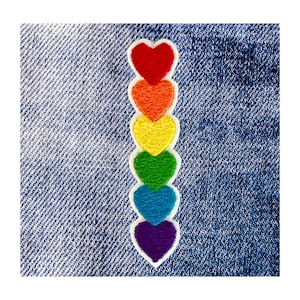 VERTICAL Rainbow Hearts Embroidered Pride Patch: Iron On Applique