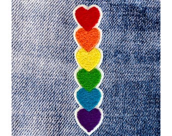 VERTICAL Rainbow Hearts Embroidered Pride Patch: Iron On Applique