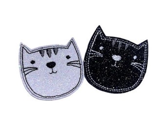 Set of 2 Sparkling Glitter Cat Patches -Iron On Or Sew On- 1 Black And 1 White (2 patches total)