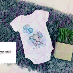 May include: White baby onesie with a watercolor design of a blue elephant holding balloons and the text "It's a boy!"