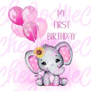 elefante menina, arquivo de sublimação digital de primeiro aniversário, PNG, download digital, sublimação PNG, camiseta, caneca, impressão
