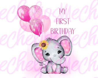 baby girl elephant, 1st birthday digital sublimation file, PNG, digital download, sublimation PNG, tshirt, mug, printing