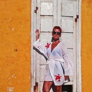 Handmade Red Coral & Starfish Kimono Robe, Beach Cover Up, Beachwear Cover Up, Boho Beachwear, Spa Robe, Kimono, Beach Kimono, Kimono Jacket