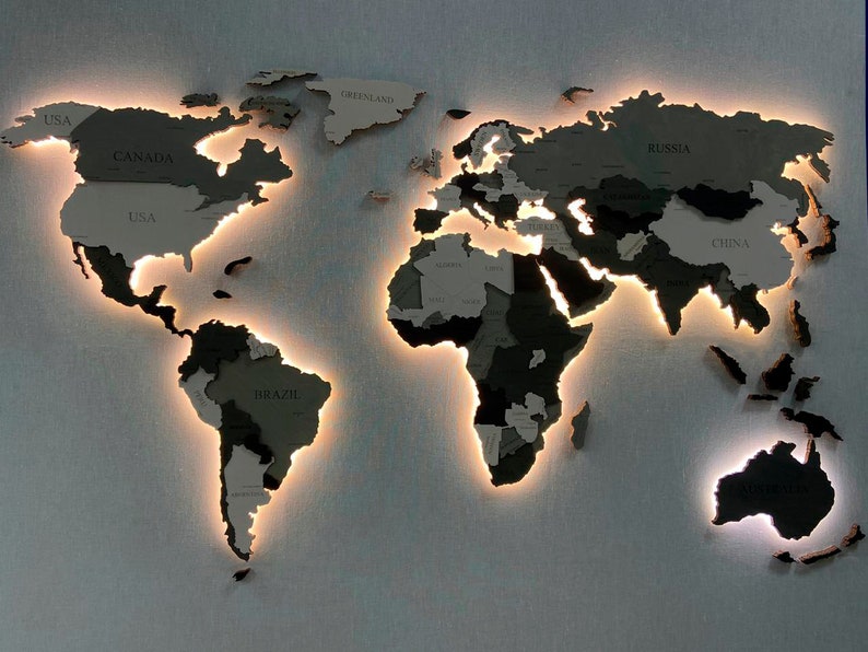 3D World Map with lighting Wood Map Wall Art Wood Wall Art Etsy