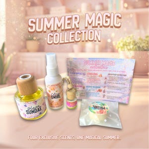 May include: A Summer Magic Collection set featuring a Plaza Sundae glass bottle with a wooden cap, a Citrus Swirl spray bottle, a small hanging diffuser, a Tortuga Breeze wax melt in a plastic bag, and an instructional card with text.