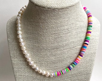 Multi-coloured Heishi Bead and Freshwater Pearl Necklace with 24Kt gold plated clasp. Half pearl, half heishi bead necklace. Beach necklace.