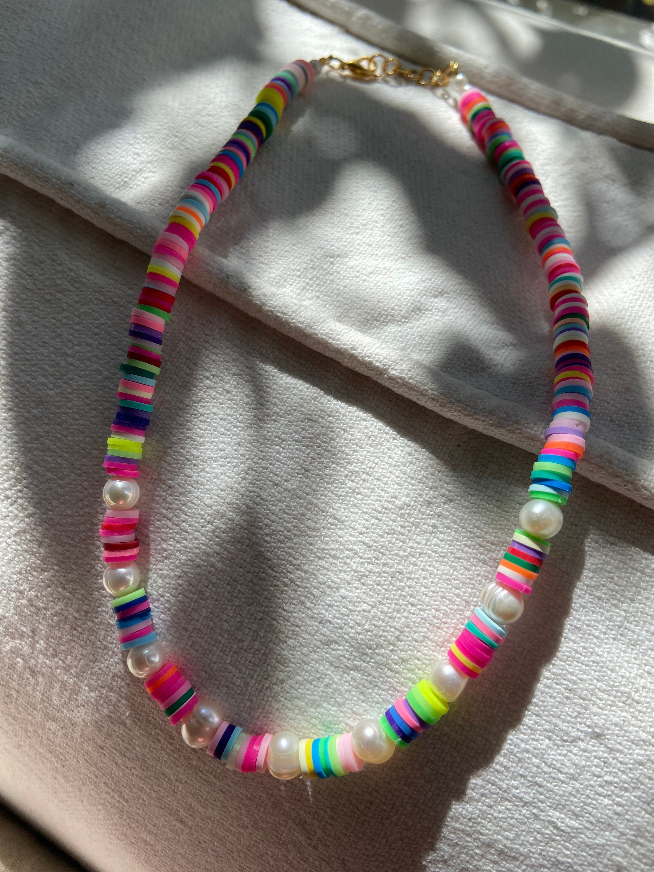 Multicoloured Rainbow Heishi Bead Necklace With Freshwater Etsy Hong Kong
