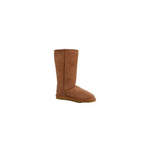 May include: A pair of brown tall sheepskin boots with a suede finish.