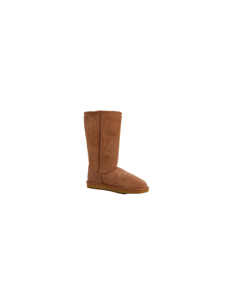 May include: A pair of brown tall sheepskin boots with a suede finish.