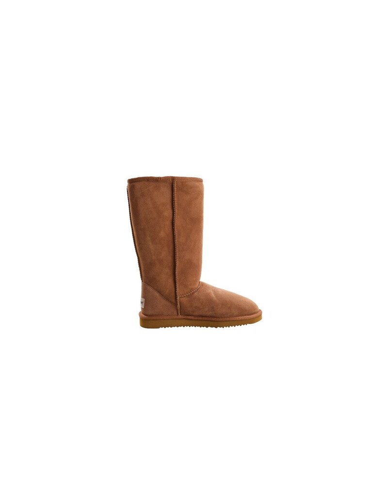 May include: A pair of brown tall sheepskin boots with a suede finish and a brown rubber sole.