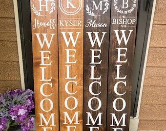 Personalized Welcome Sign with Last Name | Custom Porch Decor | Vertical Front Door Wood Sign | Welcome Porch Sign with monogram | Gifts