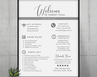 Airbnb Welcome Sign, Vacation Rental Printable, Digital Download, Guest Information, House Rules, Wifi,  template. editable VRBO, homeaway