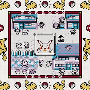 May include: A cross-stitch pattern of the Pokemon Yellow video game, featuring Pikachu and other Pokemon characters. The pattern is framed in black and includes the text "Pokemon Yellow".
