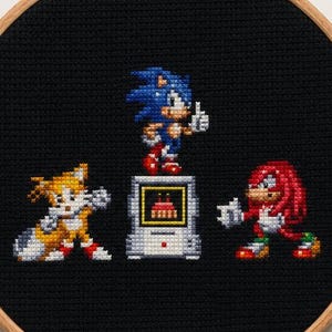 May include: A circular wooden embroidery hoop containing black fabric with a cross-stitch design of Sonic the Hedgehog, Tails, and Knuckles surrounding a small monitor displaying a cake. The text etsy.com/shop/JonsPatterns is at the bottom.