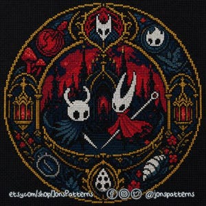 May include: A circular cross-stitch pattern featuring two white-masked characters, one in a dark cloak and one in a red cloak, set against a dark background with red and gold accents. The text etsy.com/shop/JonsPatterns is at the bottom.