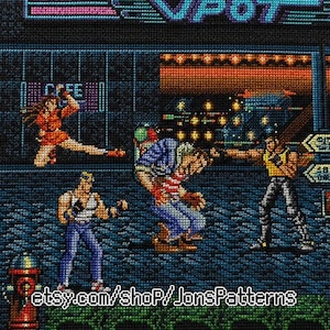 May include: A cross-stitch embroidery depicting a pixelated street fighting scene with four characters in a city setting. The design features vibrant colors, a dark background, and the text etsy.com/shop/JonsPatterns at the bottom.