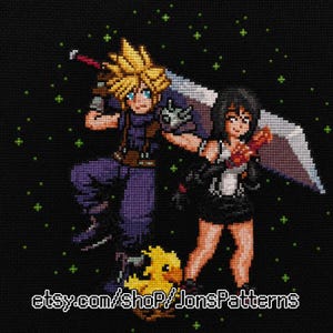 May include: A cross-stitch pattern on a black background featuring two pixelated characters with spiky blonde and dark hair, carrying large swords, accompanied by a small yellow bird-like creature, with the text etsy.com/shop/JonsPatterns.