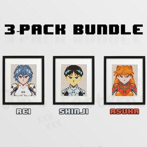 May include: A 3-pack bundle of pixel art cross stitch patterns featuring characters from the anime Neon Genesis Evangelion. The characters are Rei, Shinji, and Asuka. Each character is depicted in a square frame with a white background.