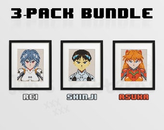 Evangelion Cross Stitch Bundle: Rei, Shinji & Asuka Pixel Art PDF